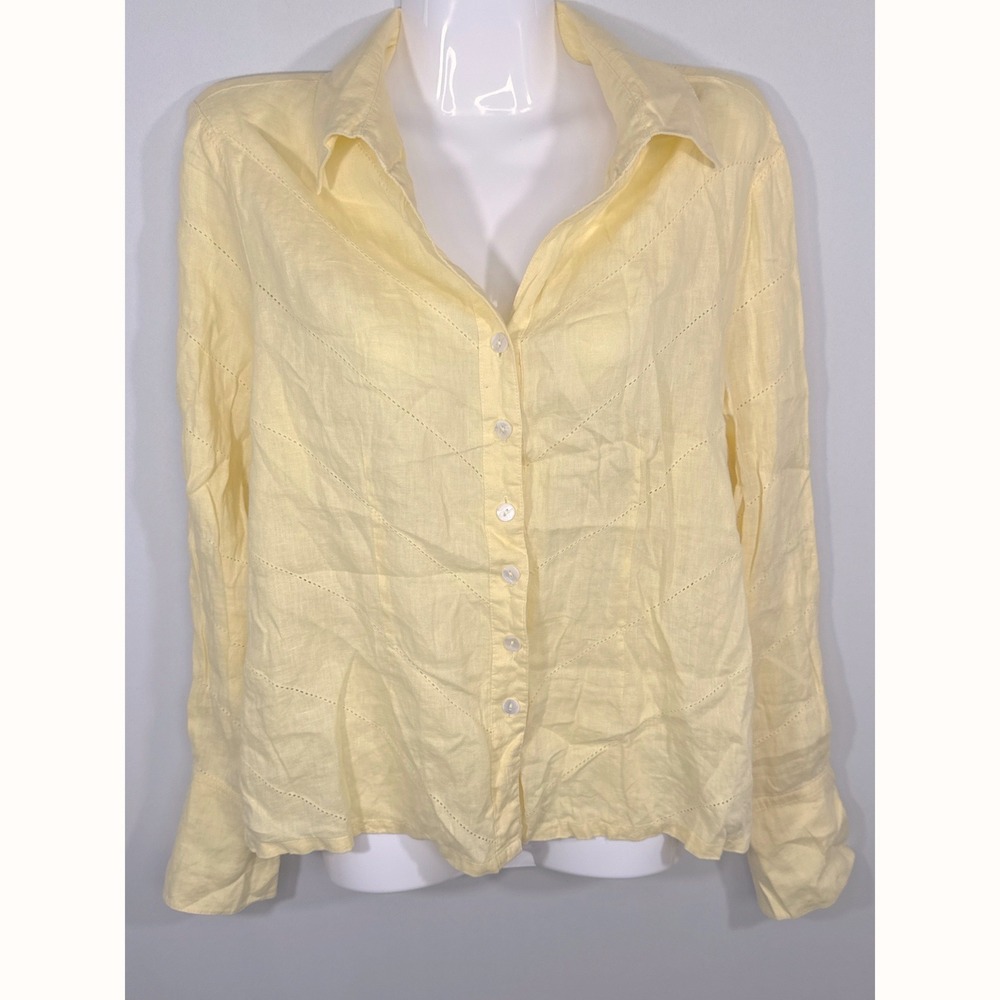 Deane & White Yellow 100% Linen Chevron Eyelet Button Down Top Women's Medium